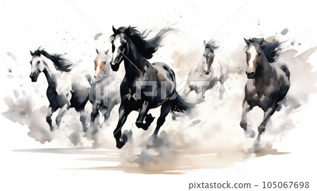 Generative AI, Unbridled Freedom: Watercolor Drawing of a Herd of Wild Horses 105067698