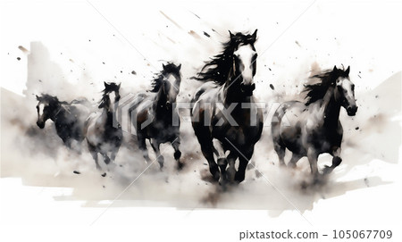 Generative AI, Unbridled Freedom: Watercolor Drawing of a Herd of Wild Horses 105067709