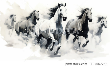Generative AI, Unbridled Freedom: Watercolor Drawing of a Herd of Wild Horses Generative AI, Unbridled Freedom: Watercolor Drawing of a Herd of Wild Horses 105067738