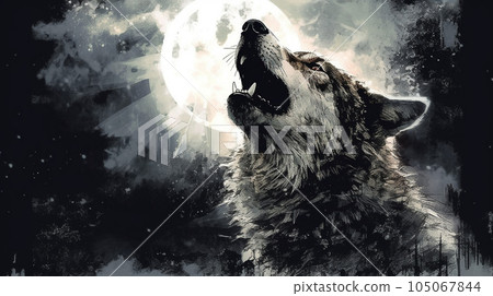 Generative AI, A majestic wolf howling at the moon against a night sky 105067844