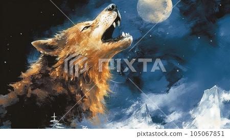 Generative AI, A majestic wolf howling at the moon against a night sky 105067851