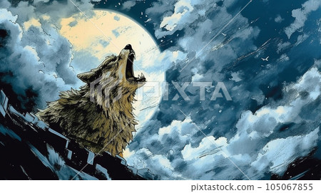 Generative AI, A majestic wolf howling at the moon against a night sky 105067855