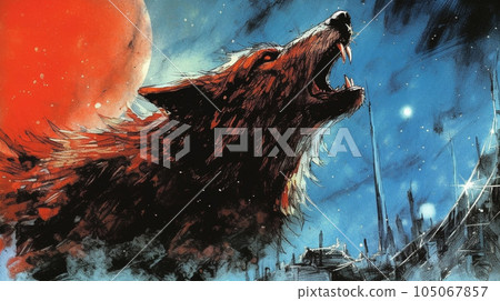 Generative AI, A majestic wolf howling at the moon against a night sky Generative AI, A majestic wolf howling at the moon against a night sky 105067857