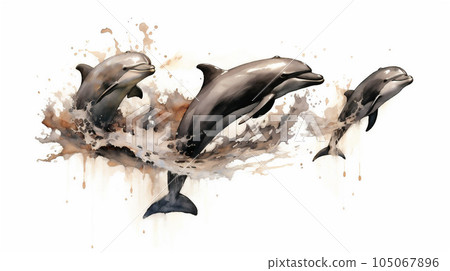 Generative AI, Graceful Leaps: Watercolor Drawing of Dolphins in Mid-Air 105067896