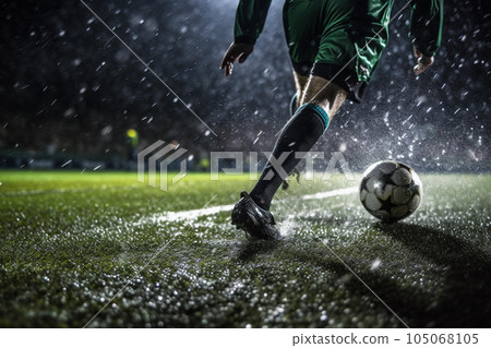 Ball lies on the football pitch's grass in rain. 105068105