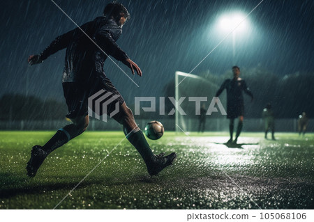 Competition moment on soccer field with stadium flashlights. Soccer players sprinting with ball. Footballers at match kick. Young ones chasing the ball. 105068106