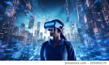 A virtual reality headset being worn, showing someone exploring a virtual world, representing the impact of technology on entertainment and gaming.Background 105068170
