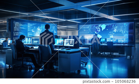 A network Company Working together, illustratiing along the groung the infrastructure behind modern information technology.Background 105068236