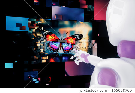Robot is creating images. Artificial Intelligence (AI) Generated Image concept. 3d rendering. Robot is creating images. Artificial Intelligence (AI) Generated Image concept. 3d rendering. 105068760