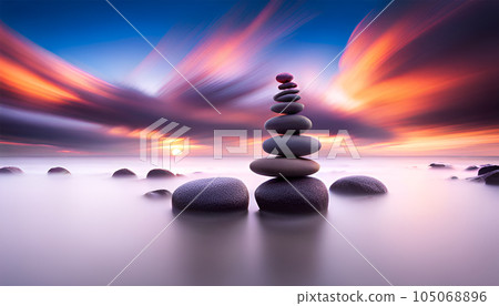 Zen stone in balance in peaceful landscape - AI generated 105068896