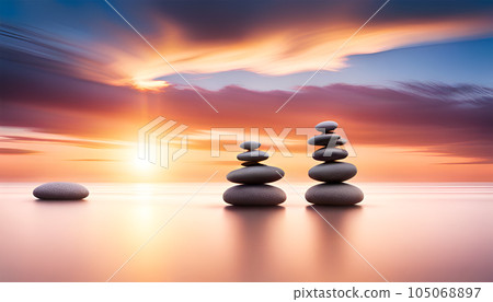 Zen stone in balance in peaceful landscape - AI generated Zen stone in balance in peaceful landscape - AI generated 105068897