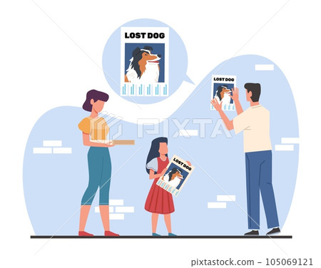 Lost pet. Dad and mom with daughter put up notice on wall about missing dog. Animal reward poster. runaway puppy, sad girl. Searching canine. Cartoon flat style isolated illustration vector concept Lost pet. Dad and mom with daughter put up notice on wall about missing dog. Animal reward poster. runaway puppy, sad girl. Searching canine. Cartoon flat style isolated illustration vector concept 105069121