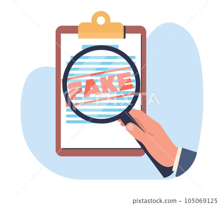 False document, concept of fraud and misreporting. Hand holding magnifying glass, red letters fake. Media illegal reports. Wrong information verification cartoon flat vector illustration False document, concept of fraud and misreporting. Hand holding magnifying glass, red letters fake. Media illegal reports. Wrong information verification cartoon flat vector illustration 105069125