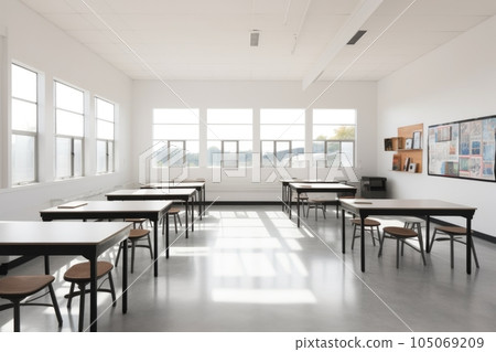 minimalist classroom with clean lines, natural light, and blur of activity in the background, created with generative ai 105069209