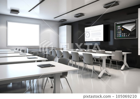 modern classroom, with sleek and minimalist furniture, flat screen monitor to view presentations and project slides, created with generative ai modern classroom, with sleek and minimalist furniture, flat screen monitor to view presentations and project slides, created with generative ai 105069210