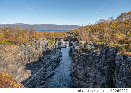 Autum Abisko Canyon River Abiskojakka National Park, Norrbottens, Norrbottens Lapland landscape north of Sweden 105069232