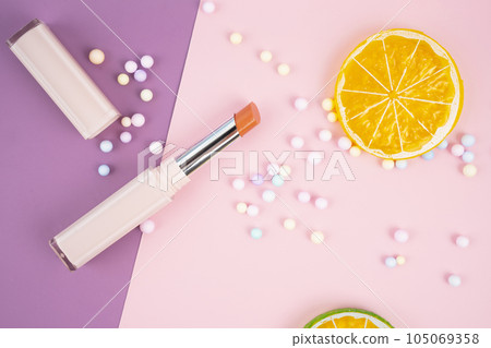 The Red color beautiful lipsticks on pink with decoration background. The Red color beautiful lipsticks on pink with decoration background. 105069358