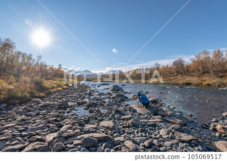 Autum Abisko Canyon River Abiskojakka National Park, Norrbottens, Norrbottens Lapland landscape north of Sweden 105069517
