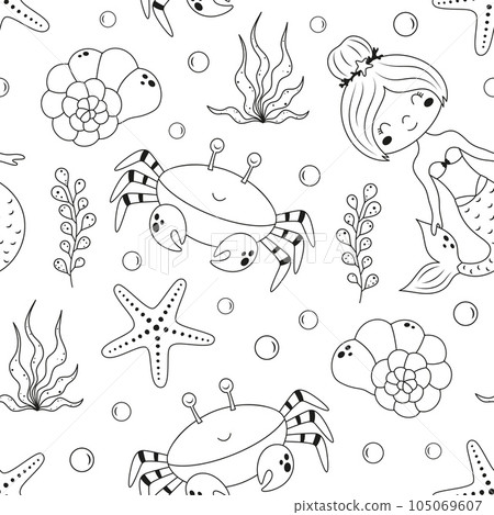 black and white seamless pattern with fish and seaweed 105069607