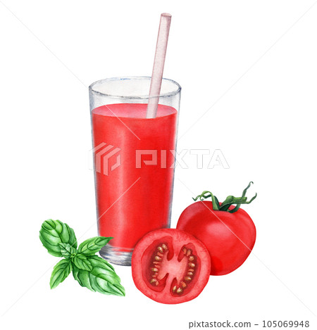 A glass of tomato juice with a straw, basil and tomatoes. Hand drawn watercolor illustration isolated on white for clip art decor menu A glass of tomato juice with a straw, basil and tomatoes. Hand drawn watercolor illustration isolated on white for clip art decor menu 105069948