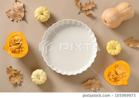 Concept cook Pumpkin pie on beige. Thanksgiving Day. 105069973
