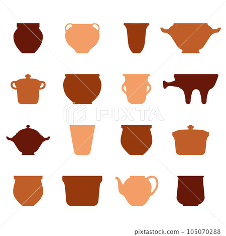 Silhouette collection of ceramic pots icons. Vector terracotta pottery Silhouette collection of ceramic pots icons. Vector terracotta pottery 105070288