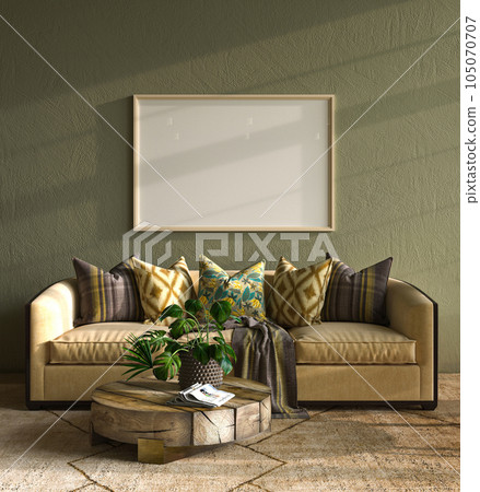 Home multicolor interior mock-up with green color wall and yellow sofa, wooden table and decor in livingroom. Retro vintage style. 3d rendering. High quality 3d illustration Home multicolor interior mock-up with green color wall and yellow sofa, wooden table and decor in livingroom. Retro vintage style. 3d rendering. High quality 3d illustration 105070707