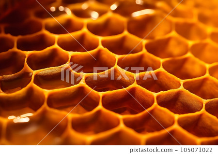 Ultra close-up honeycomb background. Apiculture banner. Generative AI 105071022