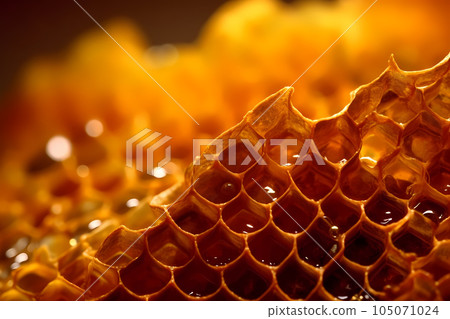 Ultra close-up honeycomb background. Apiculture banner. Generative AI 105071024