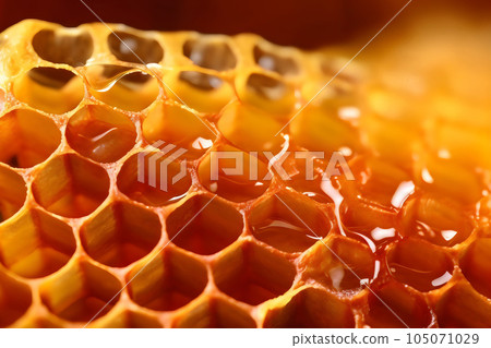 Ultra close-up honeycomb background. Apiculture banner. Generative AI 105071029