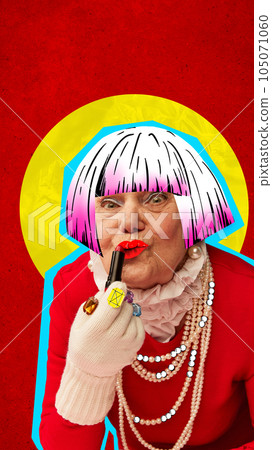 Contemporary art collage. Senior woman painting lips with red lipstick wearing elegant red dress and pearl necklaces. 105071060