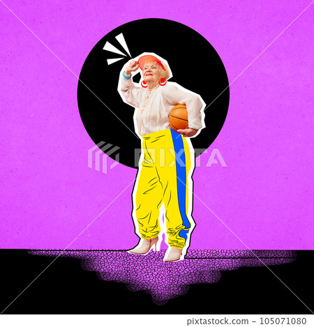 Contemporary art collage. Positive senior woman, grandmother in blouse and sport pants standing with basketball ball 105071080