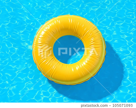 3d yellow inflatable pool ring, top view, pool background with blue water. Generative AI 105071093