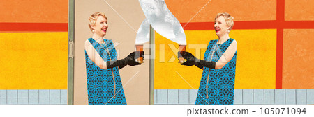 Laughing happy blond in retro drawn dress holding beer glass and smiling over colored background. Retro party 105071094