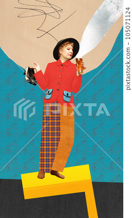 Creative artwork, bright colorful poster with retro fashionable woman drinking beer. Concept of drinks, alcohol, Oktoberfest, festivals, vacation, party Creative artwork, bright colorful poster with retro fashionable woman drinking beer. Concept of drinks, alcohol, Oktoberfest, festivals, vacation, party 105071124