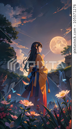 Illustration of full moon, blue sea and girl Illustration of full moon, blue sea and girl 105071276