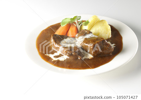 熱燉牛肉配西洋菜、胡蘿蔔、土豆裝飾和厚片牛舌,上面覆蓋著鮮奶油,在白色背景下拍攝 熱燉牛肉配西洋菜、胡蘿蔔、土豆裝飾和厚片牛舌,上面覆蓋著鮮奶油,在白色背景下拍攝 105071427