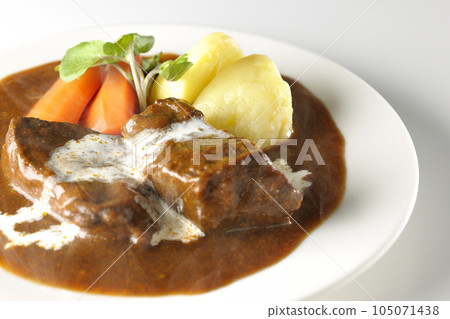 Hot beef stew with watercress, carrot, potato garnish and thick-sliced beef tongue covered with fresh cream, photographed against a white background 105071438