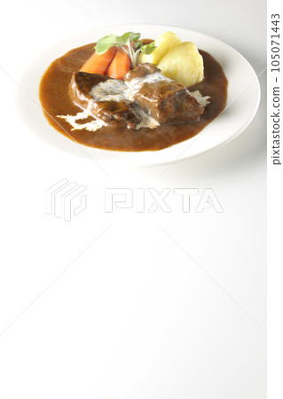 Hot beef stew with watercress, carrot, potato garnish and thick-sliced beef tongue covered with fresh cream, photographed against a white background 105071443