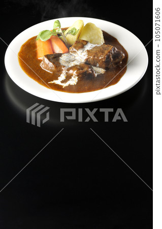 熱燉牛肉配西洋菜、胡蘿蔔、土豆裝飾和厚片牛舌,上面覆蓋著鮮奶油,在黑色背景下拍攝 熱燉牛肉配西洋菜、胡蘿蔔、土豆裝飾和厚片牛舌,上面覆蓋著鮮奶油,在黑色背景下拍攝 105071606