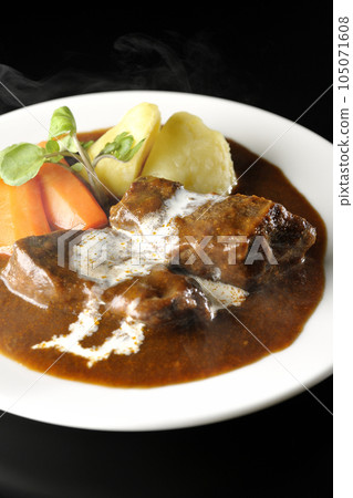 Hot beef stew with watercress, carrot, potato garnish and thick-sliced beef tongue covered with fresh cream, photographed against a black background Hot beef stew with watercress, carrot, potato garnish and thick-sliced beef tongue covered with fresh cream, photographed against a black background 105071608