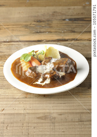 Hot Beef Stew with Watercress, Carrot, Potato Garnish and Thick Cut Beef Tongue Covered with Cream Hot Beef Stew with Watercress, Carrot, Potato Garnish and Thick Cut Beef Tongue Covered with Cream 105071791