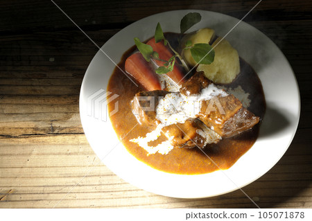 A bird's-eye view of hot beef stew with watercress, carrots, potatoes and thick-sliced beef tongue covered with fresh cream 105071878