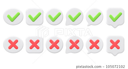 3D vector Green tick check mark and cross mark symbols. Different speech bubbles, round buttons. 3d minimalist style. Symbols of acceptance, rejection. Vector illustration 3D vector Green tick check mark and cross mark symbols. Different speech bubbles, round buttons. 3d minimalist style. Symbols of acceptance, rejection. Vector illustration 105072102
