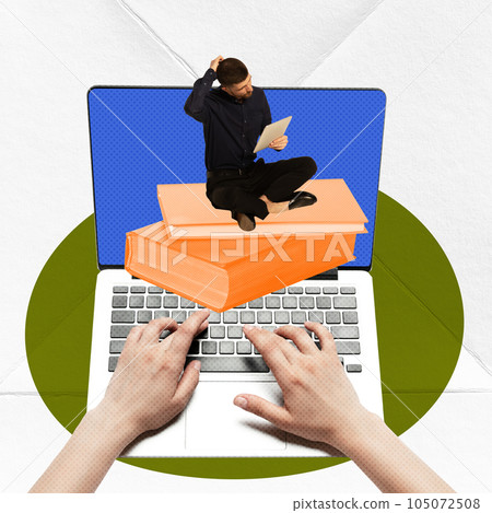 Contemporary art collage. Concentrated, thoughtful man sitting on laptop and studying. Exams preparation, learning new skills Contemporary art collage. Concentrated, thoughtful man sitting on laptop and studying. Exams preparation, learning new skills 105072508