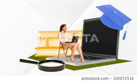 Contemporary art collage. Young woman, student sitting on chair and passing exam via laptop. Online lessons Contemporary art collage. Young woman, student sitting on chair and passing exam via laptop. Online lessons 105072516