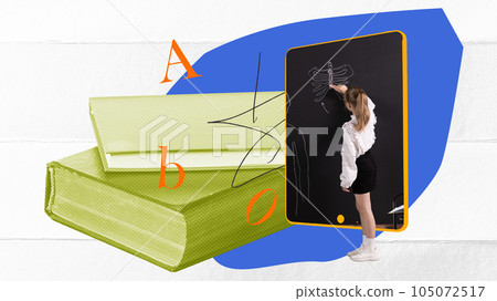 Contemporary art collage. School girl, child standing at tablet blackboard and drawing. Online lessons Contemporary art collage. School girl, child standing at tablet blackboard and drawing. Online lessons 105072517