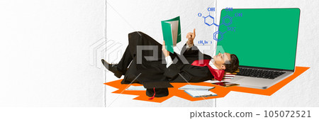 Contemporary art collage. Motivated student preparing for graduation, learning chemistry to pass online exams Contemporary art collage. Motivated student preparing for graduation, learning chemistry to pass online exams 105072521