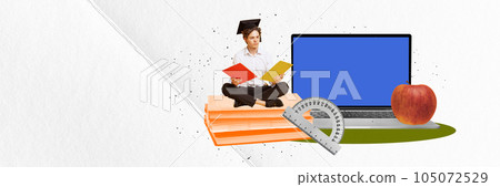 Contemporary art collage. Young man, student sitting on books and preparing to pass university exams. Remote study Contemporary art collage. Young man, student sitting on books and preparing to pass university exams. Remote study 105072529