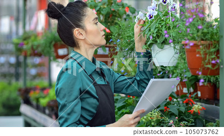 Young woman checks information about plants on papers Young woman checks information about plants on papers 105073762